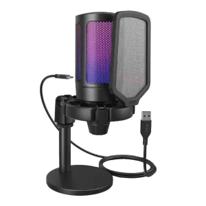 FIFINE MIC A6 Ampligame USB RGB Microphone with Pop Filter – Shock Mount – Round Stand